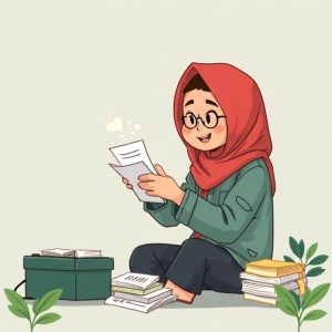 Illustrasi orang sedang menghitung dengan kalkulator dan tumpukan uang serta dokumen pinjaman, menunjukkan angka-angka yang stabil dan menurun.