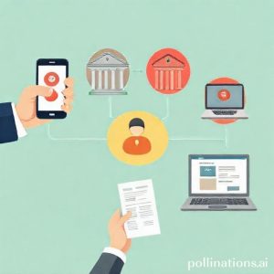 Ilustrasi alur proses pelaporan penipuan online: dimulai dari tangan memegang smartphone dengan ikon 'lapor', lalu panah menuju ikon bank, ikon kantor polisi, ikon laptop dengan website aduan resmi. Di tengah ada gambar tumpukan dokumen bukti dan tanda centang hijau.