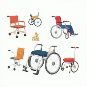 Ilustrasi berbagai alat bantu disabilitas seperti kursi roda, alat bantu dengar, dan tongkat.