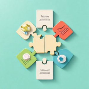 Ilustrasi berbagai komponen proposal bisnis yang tersusun rapi, seperti Executive Summary, Analisis Pasar, Tim, dan Proyeksi Keuangan, digambarkan sebagai puzzle yang saling terkait membentuk sebuah peta harta karun.