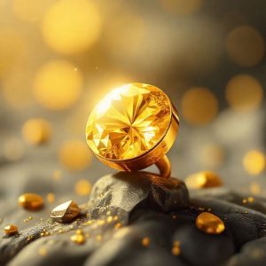 Ilustrasi cincin emas 22 karat yang berkilau di atas tumpukan koin emas, menunjukkan keindahan perhiasan sekaligus nilai investasi. Latar belakang blur dengan grafik harga emas.