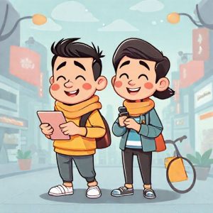 Ilustrasi dua karakter yang berbeda namun saling berkaitan, satu memegang kartu virtual 