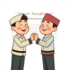 Ilustrasi dua orang berjabat tangan di atas sebuah dokumen dengan tulisan 