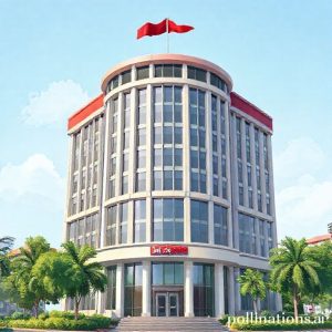 Ilustrasi gedung kantor pusat Bank Mandiri, BRI, BNI, dan BTN berjajar dengan bendera merah putih berkibar di atasnya.