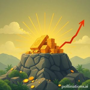 Ilustrasi koin emas, batangan emas, dan perhiasan emas yang berkilauan diletakkan di atas tumpukan uang kertas yang kusut, menunjukkan emas sebagai