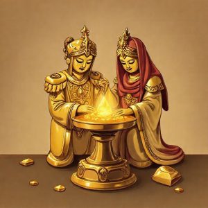 Ilustrasi perbandingan antara kepingan emas batangan dan perak batangan yang diletakkan berdampingan di atas meja, dengan timbangan di sebelahnya. Ada tumpukan koin di latar belakang. Gaya gambar elegan, fokus pada detail logam.