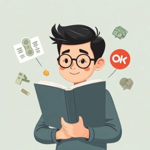 Ilustrasi seorang individu yang sedang belajar dan membaca buku tentang keuangan, dengan simbol-simbol mata uang, grafik, dan logo OJK di sekelilingnya, menunjukkan pentingnya literasi keuangan dan pencegahan kredit macet.