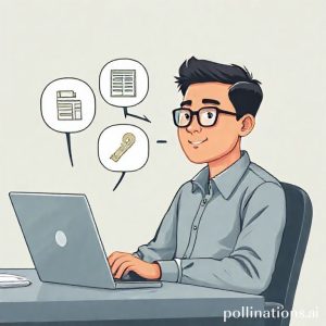 Ilustrasi seorang karyawan swasta sedang duduk di meja kerja dengan laptop, di depannya ada ikon kalkulator dan simbol uang, menunjukkan perencanaan keuangan dan perhitungan pensiun. Wajahnya optimis dan berpikir ke depan.