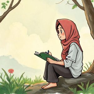 Ilustrasi seorang notaris sedang memberikan penjelasan kepada dua orang yang duduk di depannya.