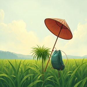 Ilustrasi seorang petani di sawah yang sedang kebingungan saat harga panen naik drastis, dengan jam pasir besar di dekatnya yang menunjukkan waktu berlalu. Menekankan faktor waktu dalam penawaran.