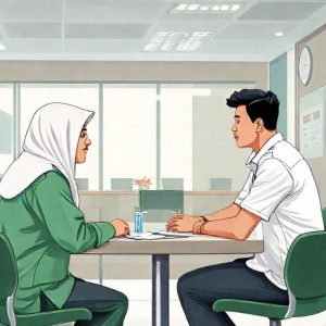 Ilustrasi seorang pria muda sedang berbicara dengan petugas Pegadaian di konter, di meja ada BPKB dan dokumen lain. Suasana kantor Pegadaian yang modern dan ramah.