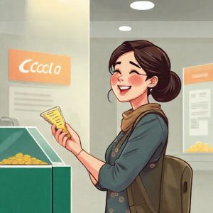 Ilustrasi seorang wanita tersenyum lega setelah menerima uang tunai dari teller Pegadaian, dengan latar belakang loket pelayanan yang modern dan ramah. Di sebelahnya ada emas dan dokumen.