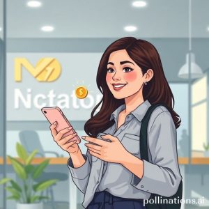 Ilustrasi seorang wanita sedang memegang smartphone dengan logo aplikasi Pegadaian digital di layarnya, tersenyum optimis di depan latar belakang kantor cabang Pegadaian yang modern. Di sekitarnya, ada ikon-ikon kecil emas batangan dan tumpukan koin rupiah.