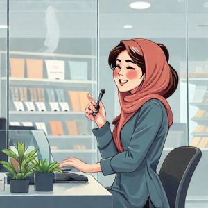 Ilustrasi seorang wanita tersenyum sambil memegang kepingan perak batangan kecil di kantor Pegadaian yang modern. Latar belakangnya adalah display produk logam mulia yang rapi. Gaya gambar realistis dengan sentuhan optimisme.