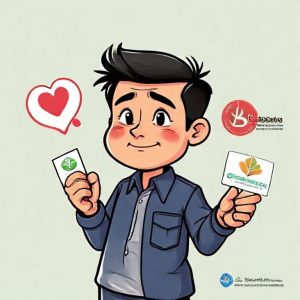 Ilustrasi seseorang dengan ekspresi bingung memegang kartu BPJS Ketenagakerjaan di satu tangan dan sedang memikirkan logo Pegadaian di tangan lainnya, dengan tanda tanya besar di atas kepala. Latar belakang menunjukkan kantor cabang Pegadaian dan logo BPJS Ketenagakerjaan.