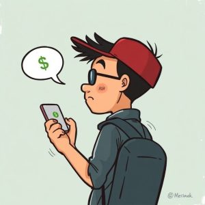 Ilustrasi seseorang memegang ponsel dengan banyak notifikasi pinjol ilegal yang agresif, ekspresi khawatir. Latar belakang gelap dengan simbol dolar dan tangan mencengkeram.