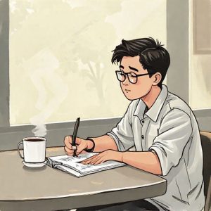 Ilustrasi seseorang sedang menulis di jurnal dengan pena, di meja yang rapi dengan secangkir kopi, menunjukkan refleksi diri dan ketenangan.