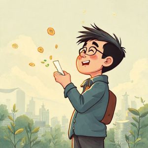 Ilustrasi seseorang yang sedang memegang uang dengan latar belakang grafik keuangan yang meningkat.