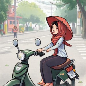 Ilustrasi seseorang yang sedang membantu seorang lansia dengan gangguan penglihatan menyeberang jalan.