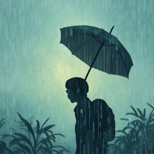 Ilustrasi siluet seseorang menari di bawah hujan lebat dengan senyum, menunjukkan resiliensi dan optimisme di tengah kesulitan.