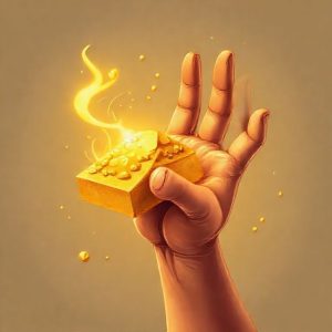 Ilustrasi tangan memegang emas batangan 24 karat yang berkilau, dengan latar belakang koin-koin emas dan grafik kenaikan harga. Konsep visual elegan dan mewah.