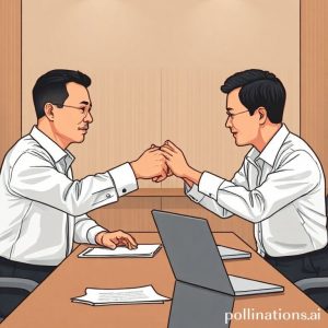 Ilustrasi tangan yang saling berjabat antara nasabah dan perwakilan bank di atas meja, menunjukkan proses negosiasi atau restrukturisasi kredit. Ada dokumen dan laptop di meja.