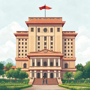 Ilustrasi tangga karir yang menunjukkan tingkatan golongan PNS dari I hingga IV, dengan figur orang yang menaiki setiap anak tangga, simbol pendidikan (buku) dan kinerja (grafik panah ke atas) di sisinya. Latar belakang samar gedung pemerintahan.