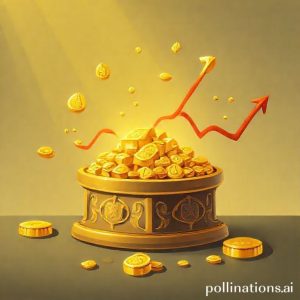 Ilustrasi tumpukan koin emas dan batangan emas Antam di atas meja, dengan latar belakang grafik harga emas yang fluktuatif naik turun, menunjukkan konsep investasi emas.