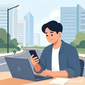 Ilustrasi warga yang sedang membayar pajak secara online menggunakan laptop atau smartphone, dengan latar belakang gedung-gedung kota dan infrastruktur yang modern (jalan mulus, lampu jalan terang). Menampilkan suasana optimis dan efisien.