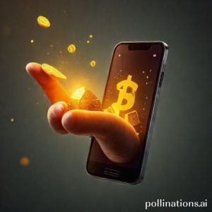 Konsep digital art yang menunjukkan tangan memegang koin emas, sementara di latar belakang ada aplikasi smartphone dengan grafik investasi emas digital dan simbol uang.