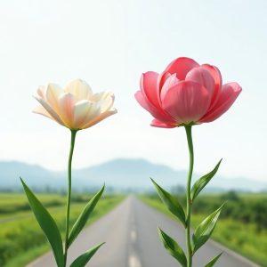 Perbandingan visual antara dua jalan: satu lurus dan mudah dilalui (merepresentasikan bunga flat), dan satu lagi berliku dengan pemandangan menarik (merepresentasikan bunga efektif).