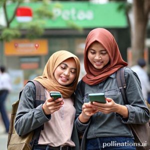 Peta Indonesia dengan ikon-ikon lokasi kantor Pegadaian yang tersebar luas, menunjukkan jangkauan layanan yang luas, dengan fokus pada seorang pria dan wanita yang sedang melihat peta di smartphone mereka untuk mencari Pegadaian terdekat.