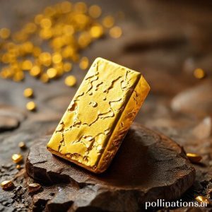 Sebuah batangan emas murni 24 karat yang berkilau di atas tumpukan koin emas, diletakkan di atas meja kayu gelap dengan latar belakang kabur yang menampilkan grafik pasar saham naik. Cahaya hangat memantul dari permukaan emas.