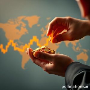 Sebuah grafik candlestick harga emas yang berfluktuasi dengan latar belakang peta dunia yang menunjukkan ketidakpastian ekonomi global. Di bagian depan, tangan seseorang sedang memegang koin emas.