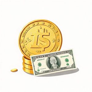 Sebuah ilustrasi koin dinar emas yang mengkilap dengan tulisan Arab, tergeletak di atas tumpukan koin rupiah dan dolar AS yang buram di latar belakang, menunjukkan perbandingan nilai. Latar belakangnya adalah grafik naik turun mata uang.