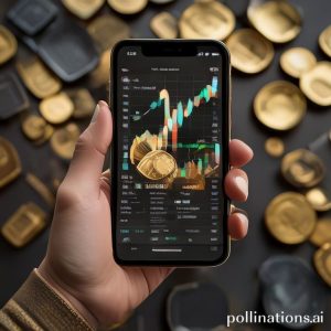 Sebuah tangan memegang smartphone dengan logo aplikasi Tring di layar, menunjukkan grafik harga emas yang naik, di latar belakang ada tumpukan koin emas dan batangan emas.