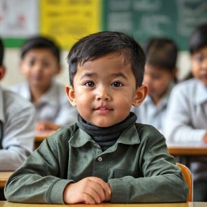 Seorang anak dengan down syndrome sedang belajar di kelas inklusi dengan bantuan guru.