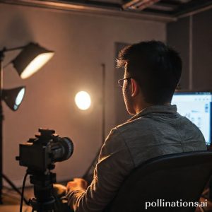Seorang individu duduk di depan kamera, dengan lighting studio sederhana, sedang merekam video untuk YouTube. Di layar monitor di belakangnya terlihat interface YouTube Analytics.