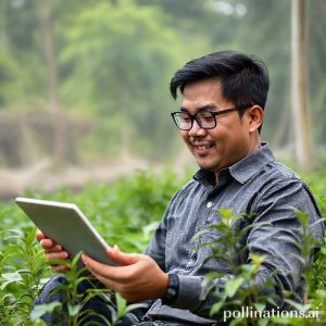 Seorang investor muda sedang tersenyum optimis sambil melihat tablet yang menampilkan grafik harga emas yang naik, di sampingnya ada tanaman kecil yang melambangkan pertumbuhan jangka panjang dan diversifikasi.