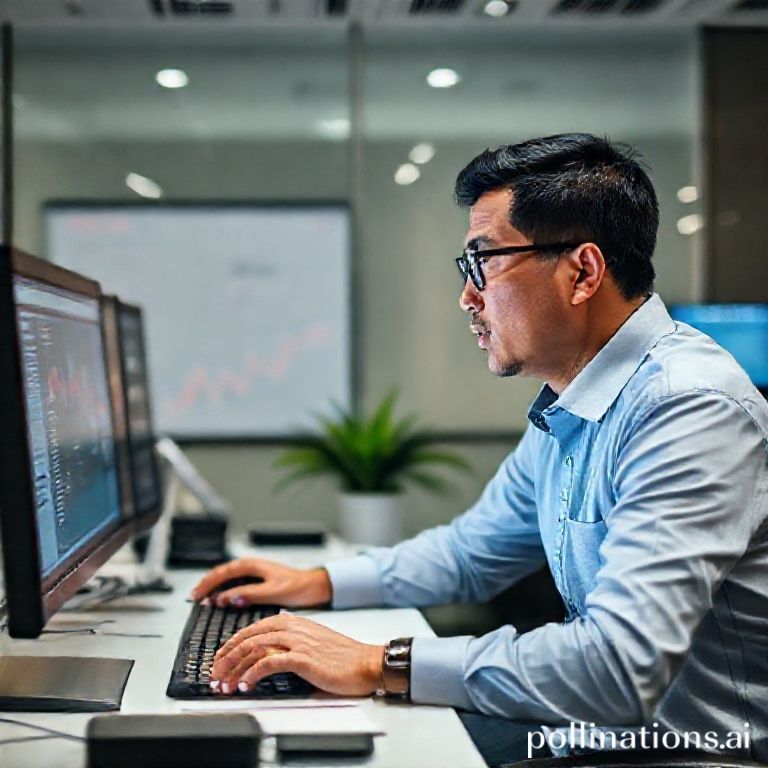 Seorang pebisnis sedang menganalisis keuangan data kurs di layar komputer dengan ekspresi serius