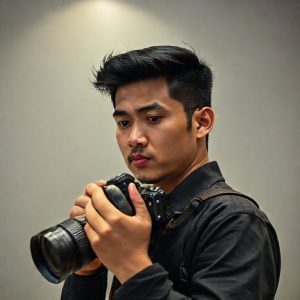 Seorang pria muda dengan kamera DSLR di tangan sedang berpikir keras, latar belakang menunjukkan grafik keuangan menurun dan siluet kantor Pegadaian. Ekspresi wajah menunjukkan kekhawatiran namun ada sedikit harapan.