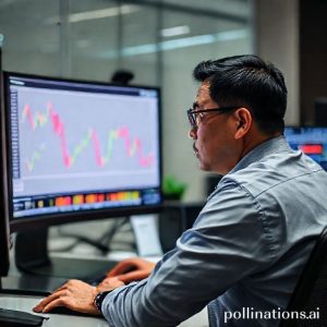 Seorang trader sedang menganalisis grafik harga di layar monitornya, dengan banyak pola candlestick dan indikator teknikal terlihat jelas. Suasana serius namun optimis, dengan beberapa tanda panah menunjukkan potensi reversal.