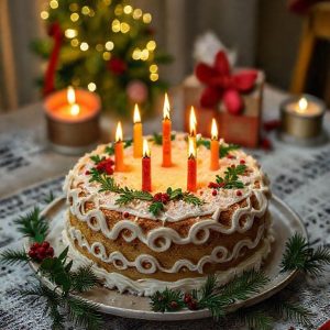 Sepiring aneka kue kering Natal klasik (Nastar, Kastengel, Putri Salju) yang tertata rapi di atas meja kayu dengan latar belakang dekorasi Natal yang hangat seperti lampu-lampu, daun holly, dan pinus. Ada secangkir teh di sampingnya. Gaya fotografi makanan yang menarik.