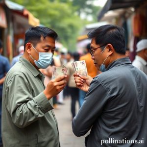 Seseorang sedang memegang uang rupiah pecahan 100 ribu dan 50 ribu, melakukan metode 3D (dilihat, diraba, diterawang) di bawah cahaya, dengan ekspresi fokus dan waspada. Latar belakang menunjukkan lingkungan transaksi sehari-hari seperti pasar atau toko.