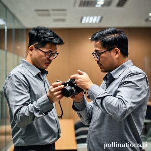 Tampilan interior kantor Pegadaian yang modern dan rapi, seorang petugas Pegadaian sedang memeriksa kamera mirrorless dari seorang pelanggan. Tangan pelanggan memegang KTP. Suasana profesional dan terpercaya.