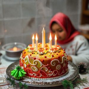 Tangan seseorang sedang menghias kue kering Natal berbentuk bintang dengan glasir berwarna merah dan hijau, di atas meja dapur yang bersih. Beberapa cetakan kue dan mangkuk adonan terlihat di latar belakang. Suasana riang dan kreatif.