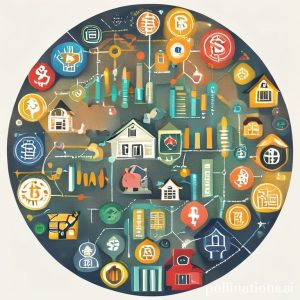 A circular infographic showing various investment icons: a stock chart, a gold bar, a house, a cryptocurrency symbol, and a piggy bank. They are all interconnected, representing diversification.