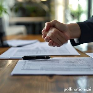 A close-up shot of hands shaking over a table with official-looking documents and a pen, symbolizing a successful agreement or akad pembiayaan for a Syariah loan. The background is slightly blurred, showing a modern, clean office environment.