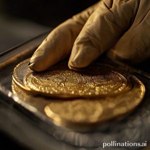 A close-up shot of a gloved hand carefully inspecting a rare, historically significant gold coin, highlighting its intricate details and secure packaging within a protective slab.