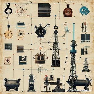 A collage of various intellectual property symbols: a music note, a book, a patent drawing, a registered trademark logo, and an oil rig. All symbols are connected by subtle lines leading to a single overflowing piggy bank, representing the diverse sources converging into royalty income.